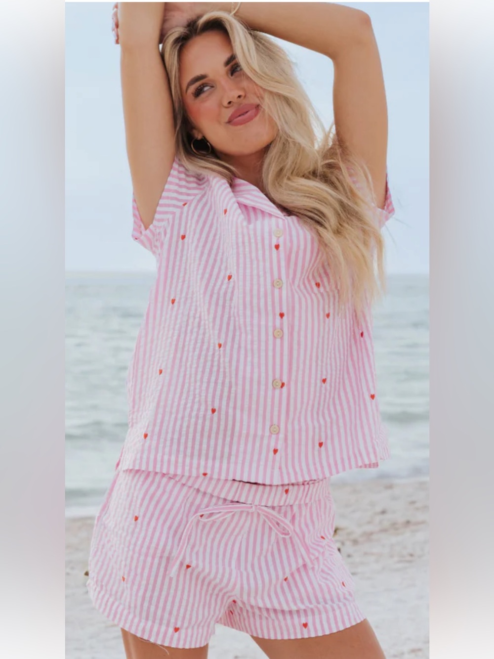 STARFIT Pink & White Striped Pajama Set with Heart Embroidery Size Small